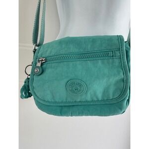 Kipling Sabian Mini Crossbody Bag Teal Green Crinkle Nylon Monkey Keychain